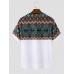 Mens Ethnic Geometric Print Stitching Crew Neck Short Sleeve T  Shirts