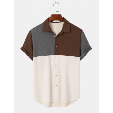 Mens Patchwork Spliced Ribbed Short Sleeve Shirts