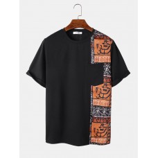 Mens Ethnic Tribal Pattern Stitching Pocket Short Sleeve T  Shirts